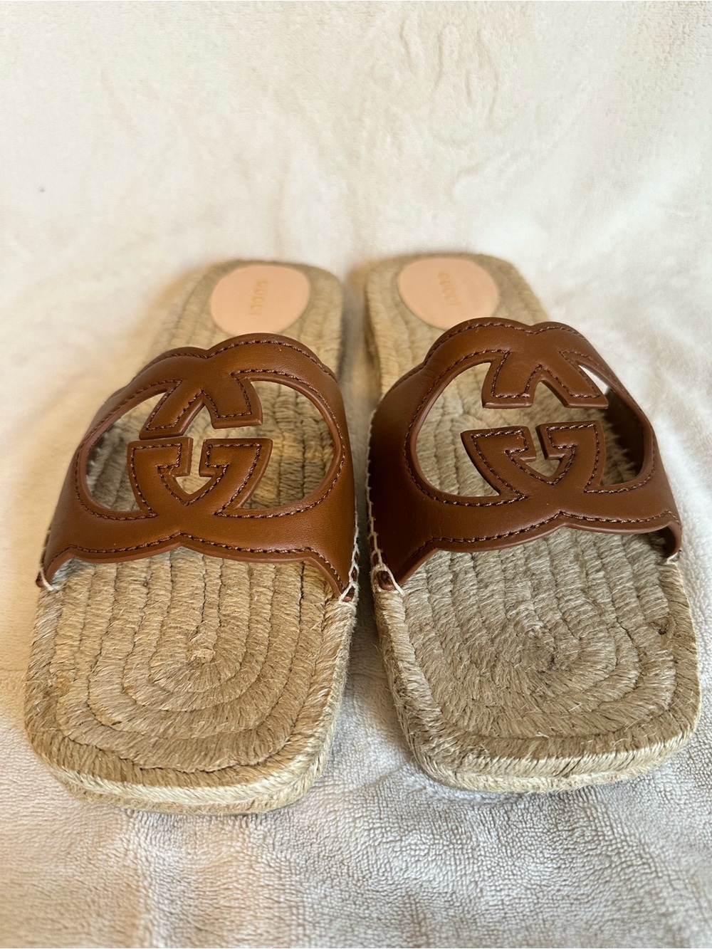 Gucci Brown Leather Double G Espadrille Slide Sandals